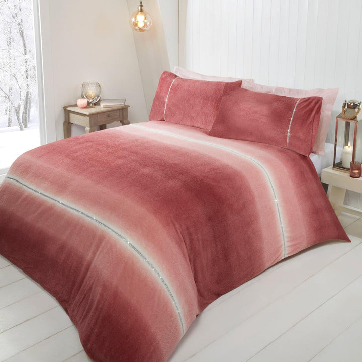 Diamante Ombre Teddy Bear Fleece Pink Duvet Cover Set - Single - Ideal Textiles