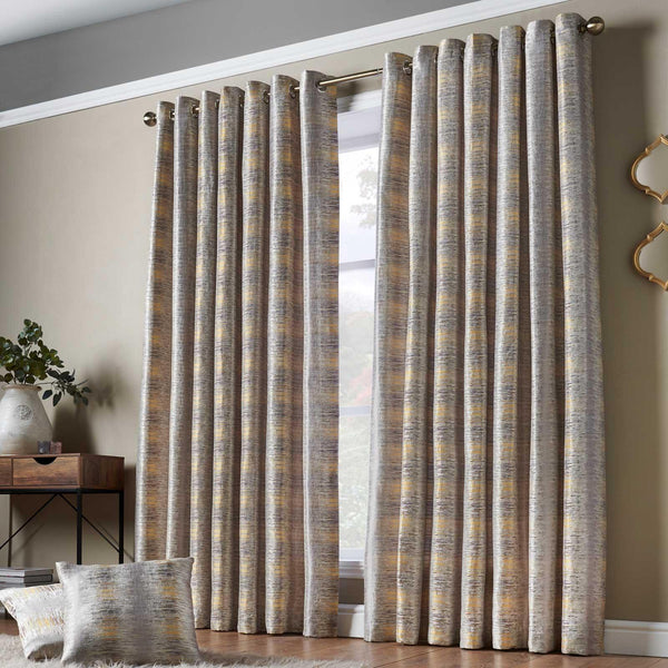 Reflections Jacquard Lined Eyelet Curtains Ochre - 46'' x 54'' - Ideal Textiles