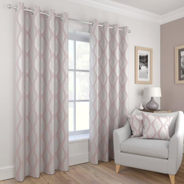 Deco Geometric Wave Lined Eyelet Curtains Blush - 46'' x 54'' - Ideal Textiles