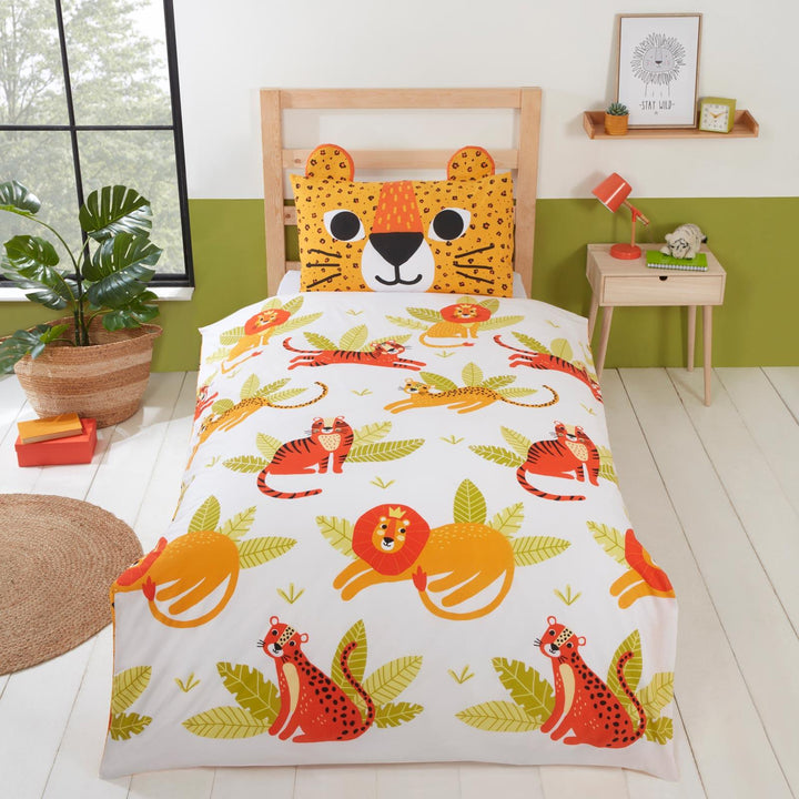 Wild Cats Animal Print Reversible Orange Duvet Cover Set - Toddler - Ideal Textiles