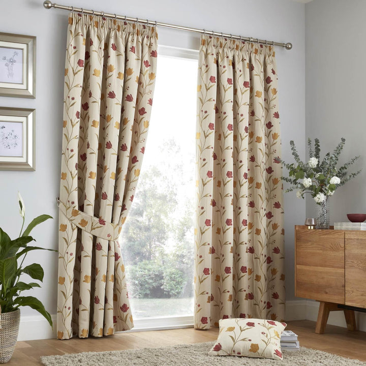 Juliette Floral Lined Tape Top Curtains Natural & Red - 46'' x 54'' - Ideal Textiles
