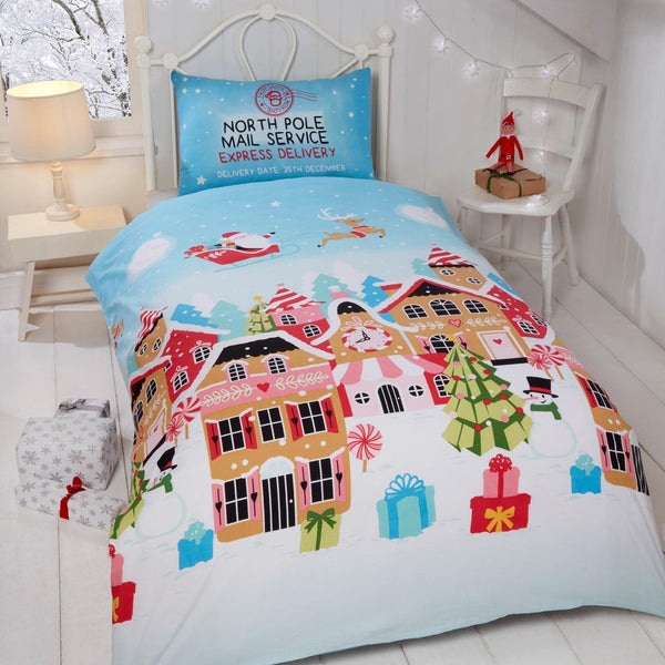 Gingerbread Town Blue Kids Christmas Duvet Cover Set - Toddler - Ideal Textiles