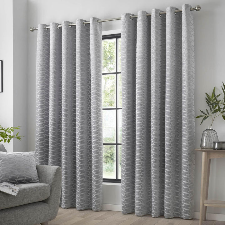 Kendal Geometric Lined Eyelet Curtains Silver - 46'' x 54'' - Ideal Textiles