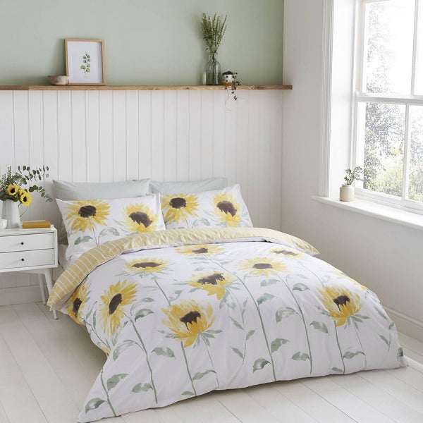 Painted Sunflowers Reversible Yellow Duvet Cover Set - Single - Ideal Textiles