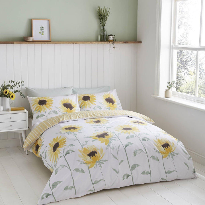 Painted Sunflowers Reversible Yellow Duvet Cover Set - Single - Ideal Textiles