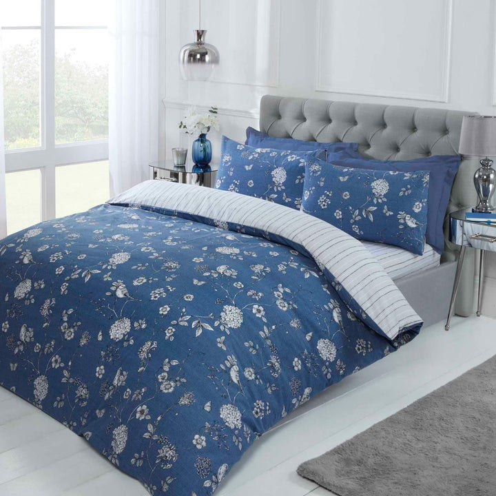 Country Toile Floral Stripe Reversible Blue Duvet Cover Set - Single - Ideal Textiles
