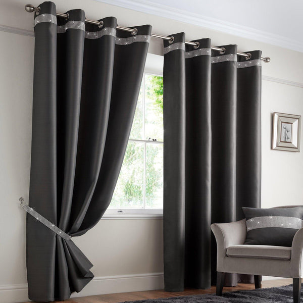 Palace Diamante Thermal Blockout Eyelet Curtains Charcoal - 46'' x 54'' - Ideal Textiles