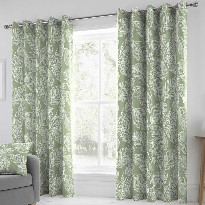 Matteo Palm Leaf Lined Eyelet Curtains Green - 46'' x 54'' - Ideal Textiles