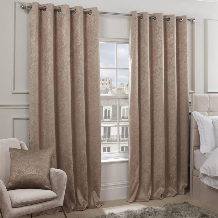 Regency Damask Thermal Blackout Eyelet Curtains Taupe - 46'' x 54'' - Ideal Textiles