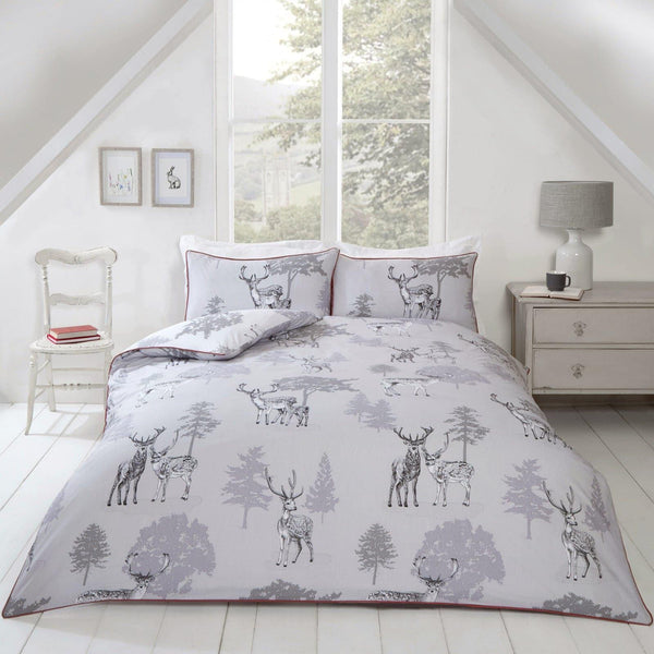Sherwood Forest Stag Reversible Grey Duvet Cover Set - Single - Ideal Textiles