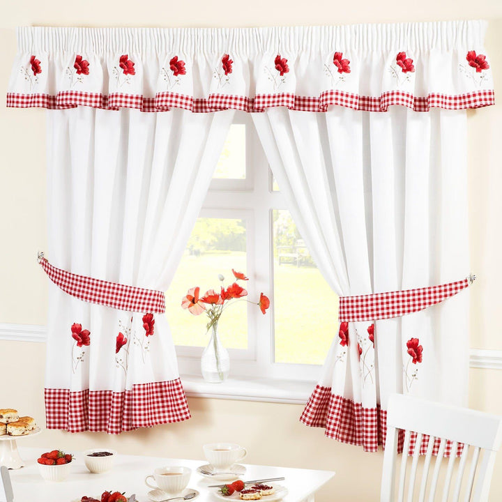 Poppies Embroidered Red Tape Top Kitchen Curtains - 46'' x 42'' - Ideal Textiles