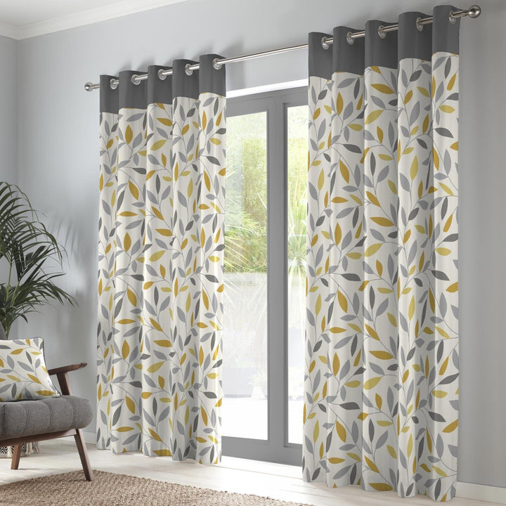 Beechwood Leaf Lined Eyelet Curtains Ochre - 46'' x 54'' - Ideal Textiles