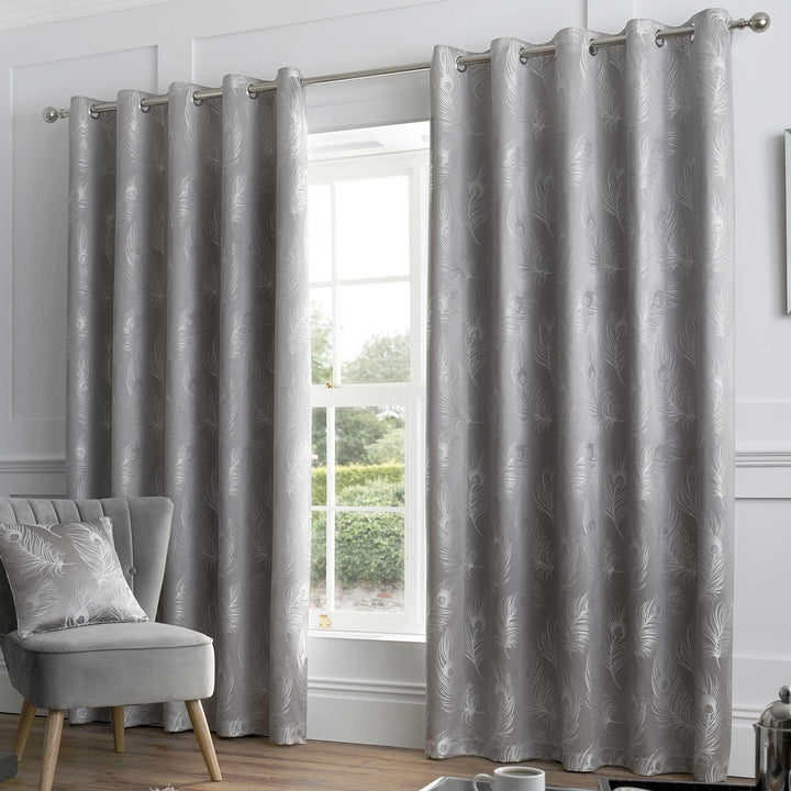 Feather Metallic Jacquard Lined Eyelet Curtains Silver - 46'' x 54'' - Ideal Textiles