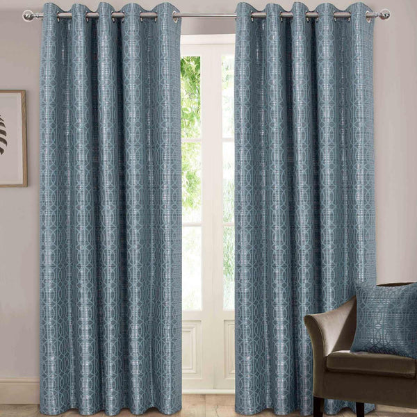 Tuscany Jacquard Lined Eyelet Curtains Duck Egg - 66'' x 54'' - Ideal Textiles