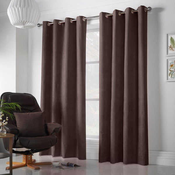 Velvet Chenille Lined Eyelet Curtains Chocolate - 56'' x 54'' - Ideal Textiles