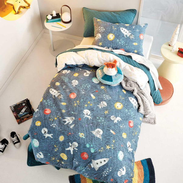Space Race 100% Cotton Percale Kids Blue Duvet Cover Set - Toddler - Ideal Textiles