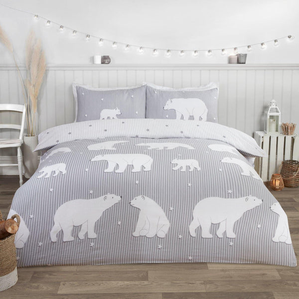 Polar Bear 100% Brushed Cotton Flannelette Grey Duvet Cover Set - Single - Ideal Textiles
