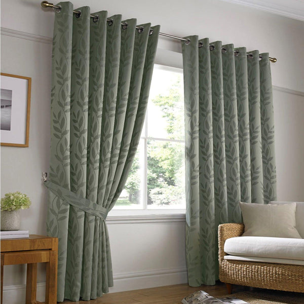 Tivoli Leaf Jacquard Lined Eyelet Curtains Sage - 46'' x 54'' - Ideal Textiles