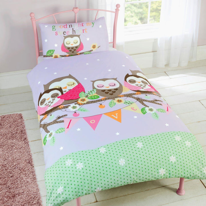 Goodnight Sweetheart Owls Purple Kids Duvet Cover Set - Single - Ideal Textiles