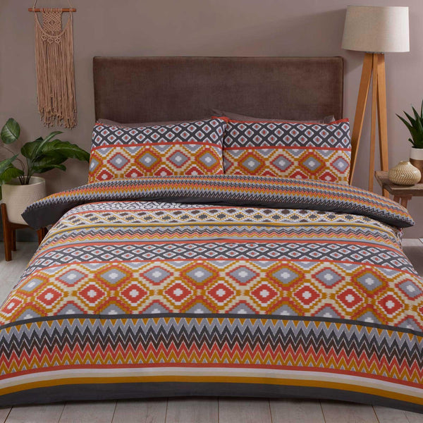 Zanzibar Ikat Stripe Reversible Orange Duvet Cover Set - Single - Ideal Textiles