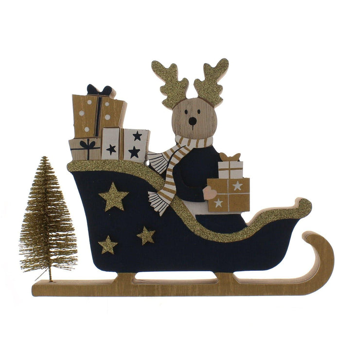 Navy Reindeer & Sleigh Wooden Decoration - Ideal