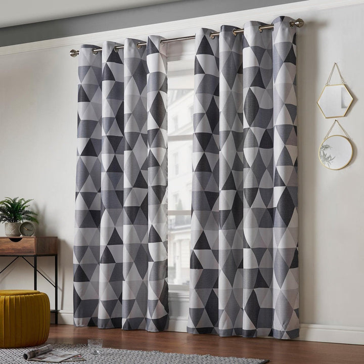 Malmo Geometric Thermal Blockout Eyelet Curtains Charcoal - 66'' x 54'' - Ideal Textiles