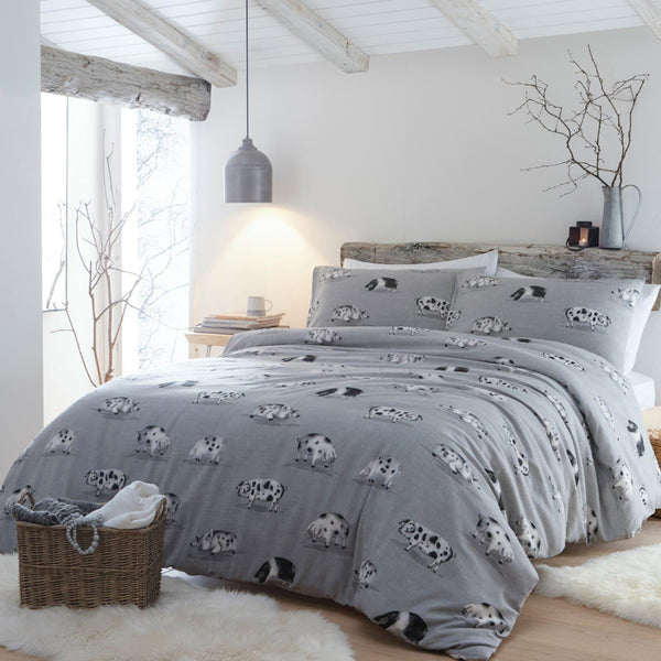 Cosy Pig 100% Brushed Cotton Grey Duvet Cover Set - Ideal