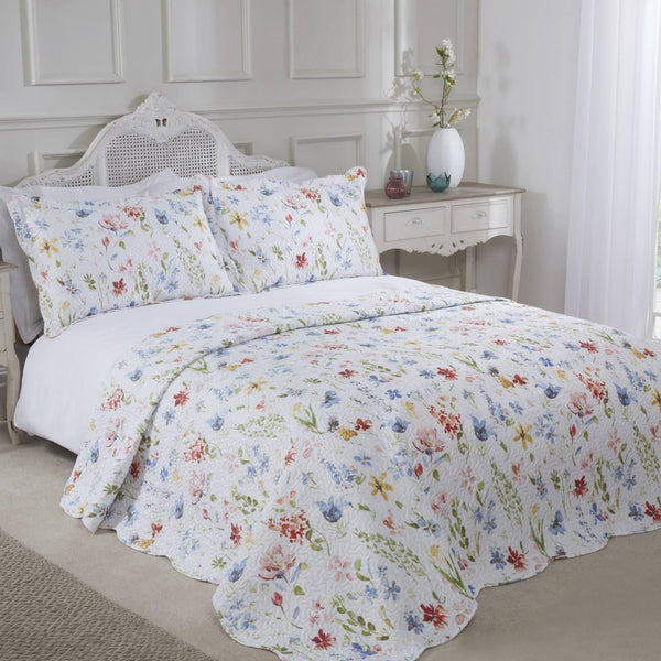 Spring Meadow Floral Watercolour Quilted Bedspread Set - Single - Ideal Textiles