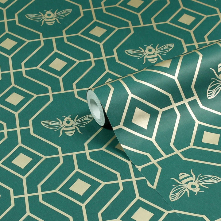 Bee Deco Gold Foil Wallpaper Emerald - Ideal