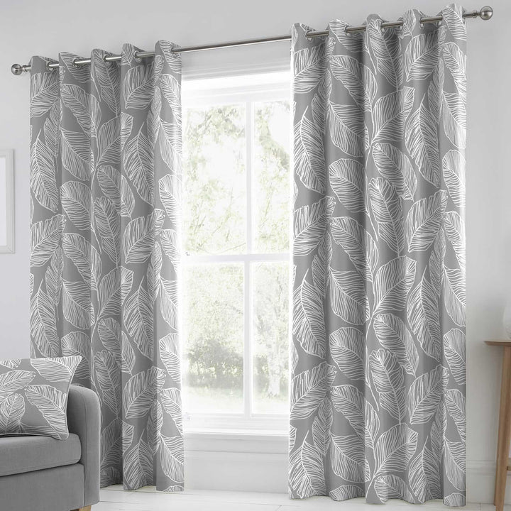 Matteo Palm Leaf Lined Eyelet Curtains Grey - 46'' x 54'' - Ideal Textiles