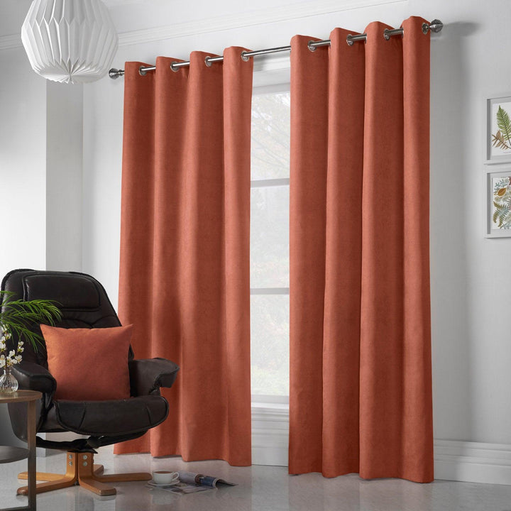 Velvet Chenille Lined Eyelet Curtains Orange - 56'' x 54'' - Ideal Textiles