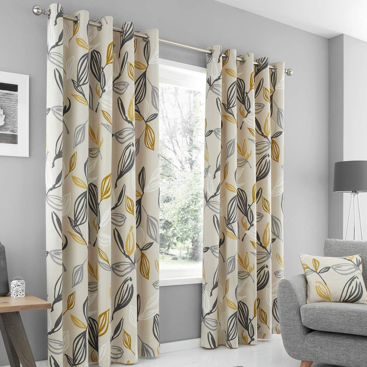 Ensley Leaf Print Lined Eyelet Curtains Ochre - 46'' x 54'' - Ideal Textiles