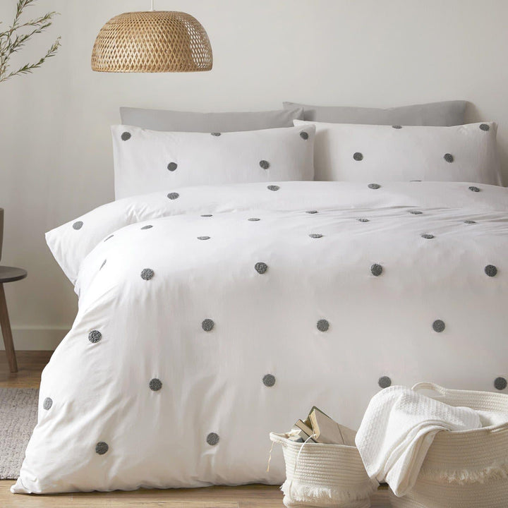 Dot Garden Tufted Spot 100% Cotton Slate Duvet Cover Set - Single - Ideal Textiles