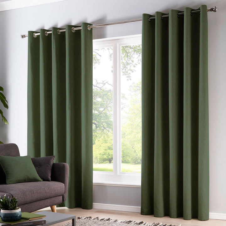 Sorbonne Plain Lined Eyelet Curtains Bottle Green - 46'' x 54'' - Ideal Textiles