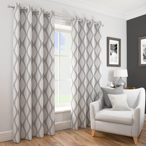 Deco Geometric Wave Lined Eyelet Curtains Silver - 46'' x 54'' - Ideal Textiles