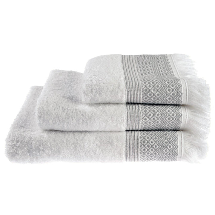 Diamond Jacquard Tassel Cotton Towel White & Grey -  - Ideal Textiles