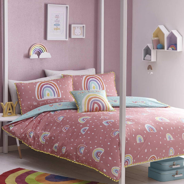 Rainbow Pom Pom 100% Cotton Kids Pink Duvet Cover Set - Single - Ideal Textiles