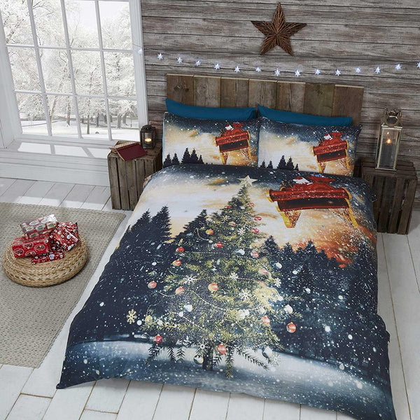 Northern Lights Festive Tree Christmas Duvet Cover Set - Single - Ideal Textiles