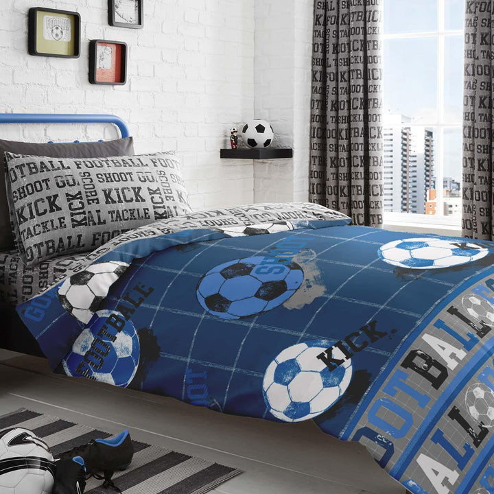 Football Slogans Reversible Kids Blue Duvet Cover Set - Single Duvet Cover - Ideal Textiles