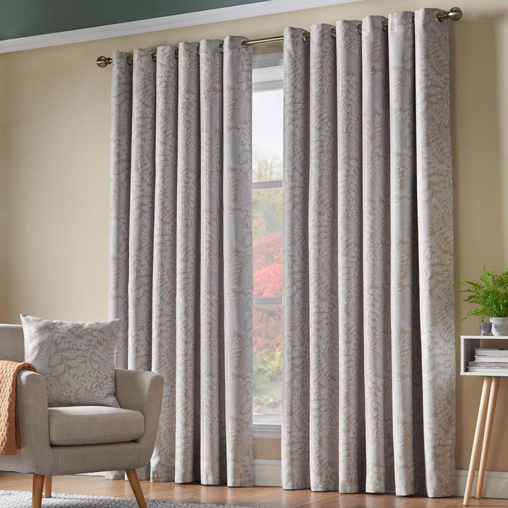 Ferndown Leaf Thermal Blockout Eyelet Curtains Cream - 66'' x 54'' - Ideal Textiles