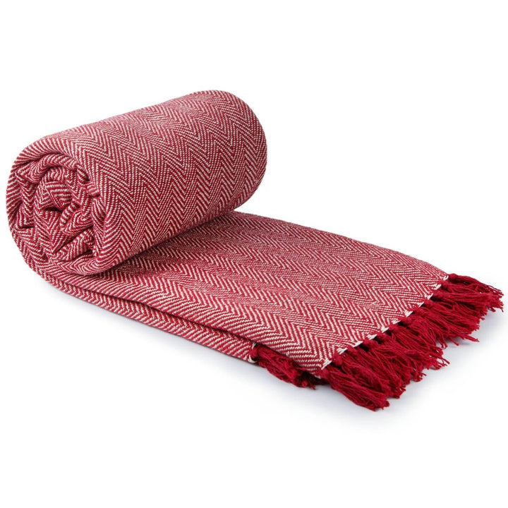 Herringbone Tasselled Recycled Cotton Throw Red - Ideal