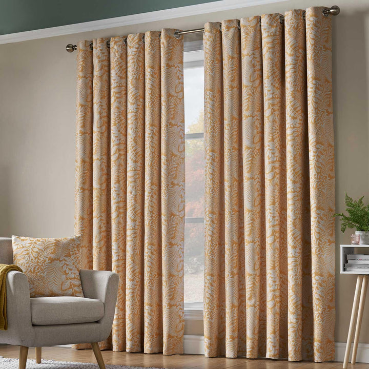 Ferndown Leaf Thermal Blockout Eyelet Curtains Ochre - 66'' x 54'' - Ideal Textiles