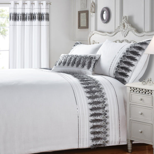 Feathers Embroidered Sequin Applique White Duvet Cover Set - Single - Ideal Textiles