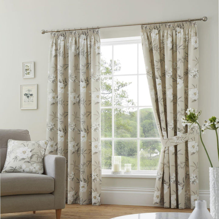 Eve Floral Lined Tape Top Curtains Natural - 46'' x 54'' - Ideal Textiles