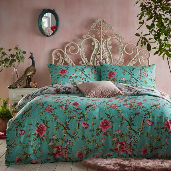 Vintage Chinoiserie Exotic Floral Jade Duvet Cover Set - Single - Ideal Textiles