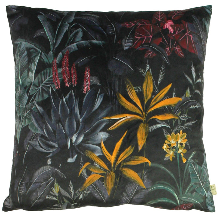 Zinara Leaves Black Velvet Square Filled Cushions - Polyester Pad - Ideal Textiles