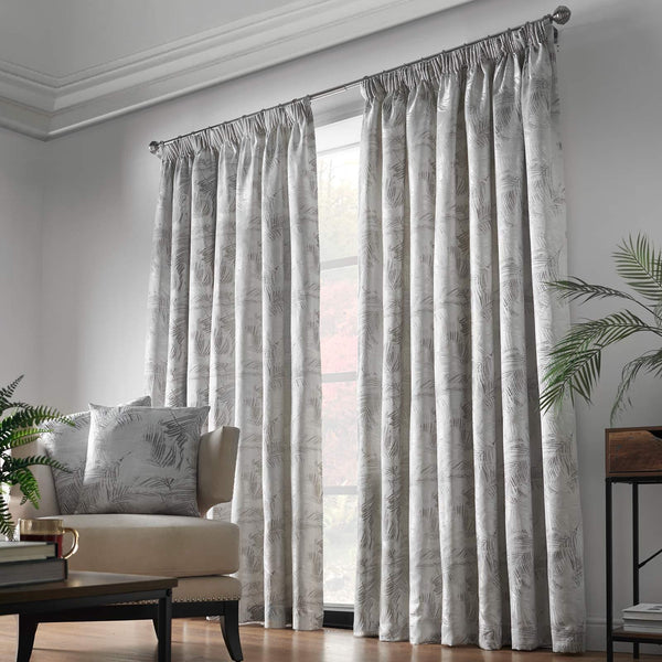 Fiji Jacquard Palm Lined Tape Top Curtains Silver - 46'' x 54'' - Ideal Textiles