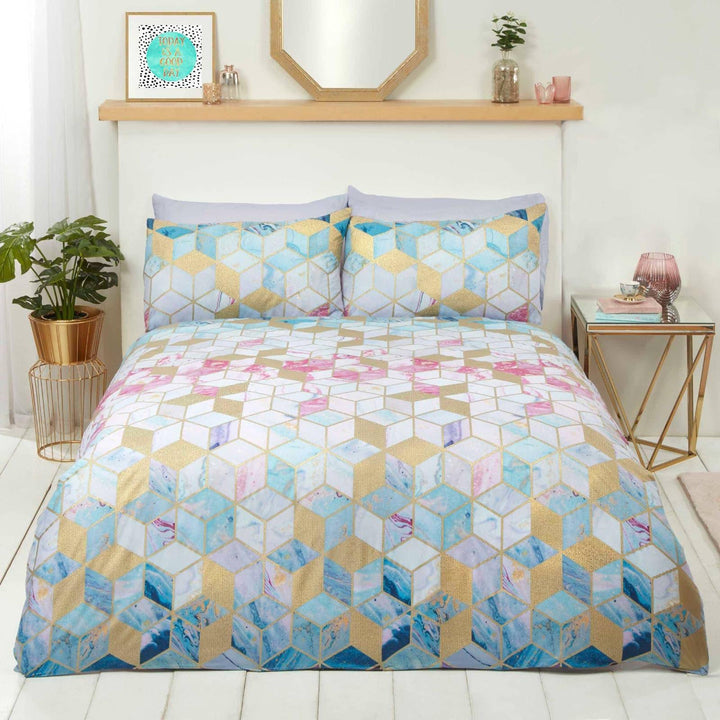 Quartz Marble Geometric Foil Multicolour Duvet Cover Set - Single - Ideal Textiles