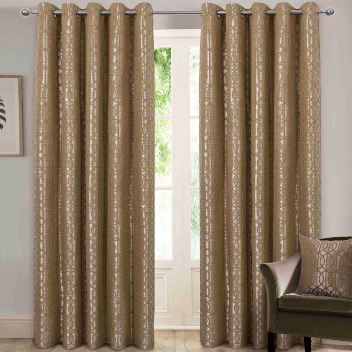 Tuscany Jacquard Lined Eyelet Curtains Ochre - 66'' x 54'' - Ideal Textiles