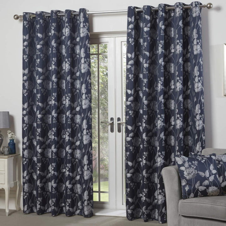 Butterfly Meadow Jacquard Lined Eyelet Curtains Navy - 46'' x 54'' - Ideal Textiles